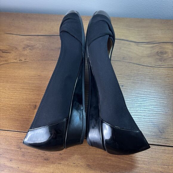 Abella Black Wedge flat Heel 9 Shoes Black Faux Patent Leather Cap Toe Low - Picture 4 of 8